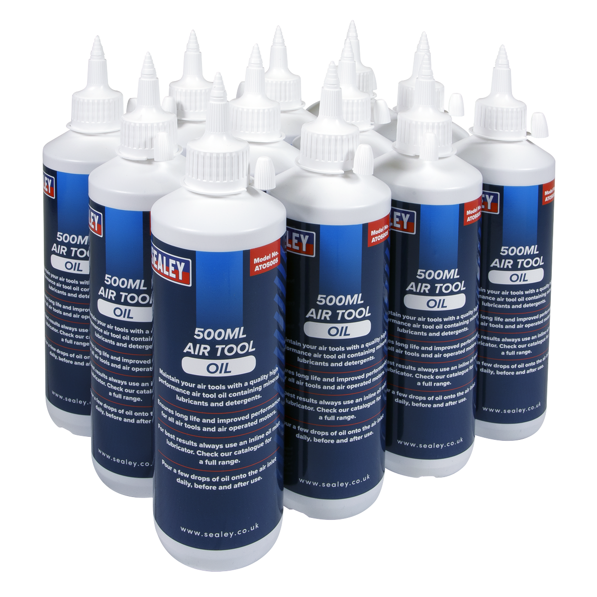 A neatly arranged group of 12 high-performance Sealey Air Tool Oil 500ml bottles, each adorned with blue and white labels. The Sealey ATO/500 is specifically designed for mineral lubricants and features a pointed nozzle for precise dispensing.