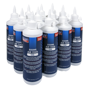 A neatly arranged group of 12 high-performance Sealey Air Tool Oil 500ml bottles, each adorned with blue and white labels. The Sealey ATO/500 is specifically designed for mineral lubricants and features a pointed nozzle for precise dispensing.