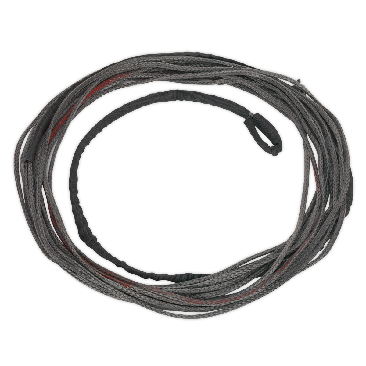 A coiled Sealey Dyneema Rope (Ø4.9mm x 15.2m) for ATV1135, made of gray braided synthetic fibres with a black loop attached.