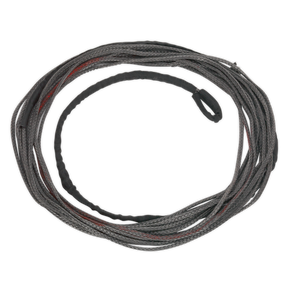A coiled Sealey Dyneema Rope (Ø4.9mm x 15.2m) for ATV1135, made of gray braided synthetic fibres with a black loop attached.