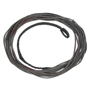 A coiled Sealey Dyneema Rope (Ø4.9mm x 15.2m) for ATV1135, made of gray braided synthetic fibres with a black loop attached.