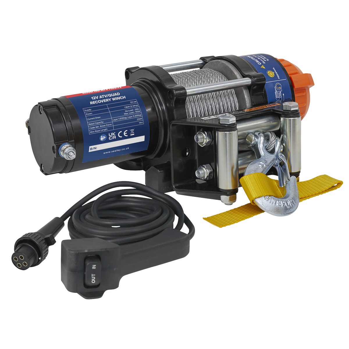 This image shows the Sealey ATV/Quad Recovery Winch 1135kg (2500lb) Line Pull, product number ATV1135, equipped with a steel cable, hook, and power control unit. It features a robust 12V DC motor ideal for ATV winches.