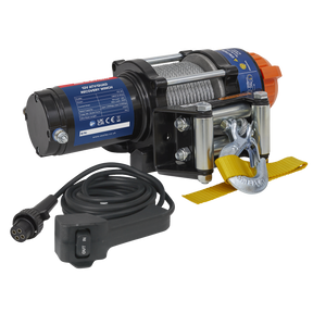 This image shows the Sealey ATV/Quad Recovery Winch 1135kg (2500lb) Line Pull, product number ATV1135, equipped with a steel cable, hook, and power control unit. It features a robust 12V DC motor ideal for ATV winches.