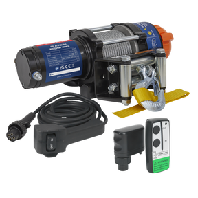 The Wireless Winch ATV1135 Combo - ATV1135KIT by Sealey features a high-quality wire rope, an attached hook with a yellow strap, a wired remote control, a wireless remote control, and a power connector.