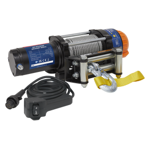 The Sealey ATV/Quad Recovery Winch 2040kg (4500lb) Line Pull 12V - ATV2040 features a black and blue durable chassis with a yellow strap and attached hook. This electric winch includes a cable with a control box and power plug, making it perfect for ATV applications.