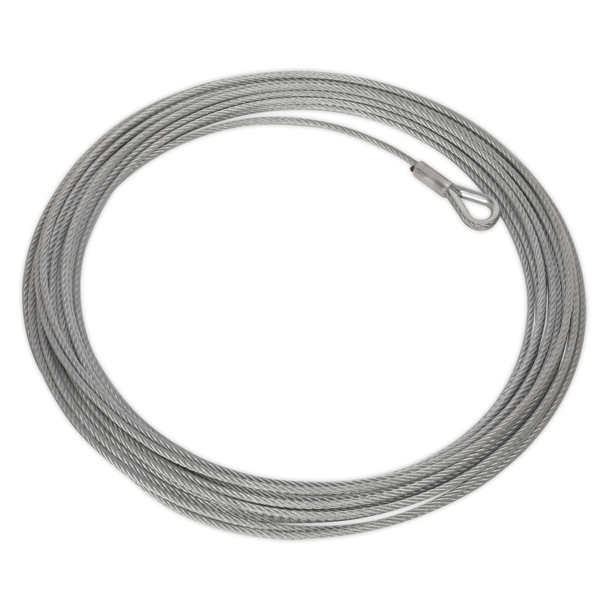 The Sealey Wire Rope (Ø5.4mm x 17m) for ATV2040 - ATV2040.WR, featuring a coiled steel cable with a looped end, is perfect for securing and lifting objects and ideally suited for an ATV2040 recovery winch.