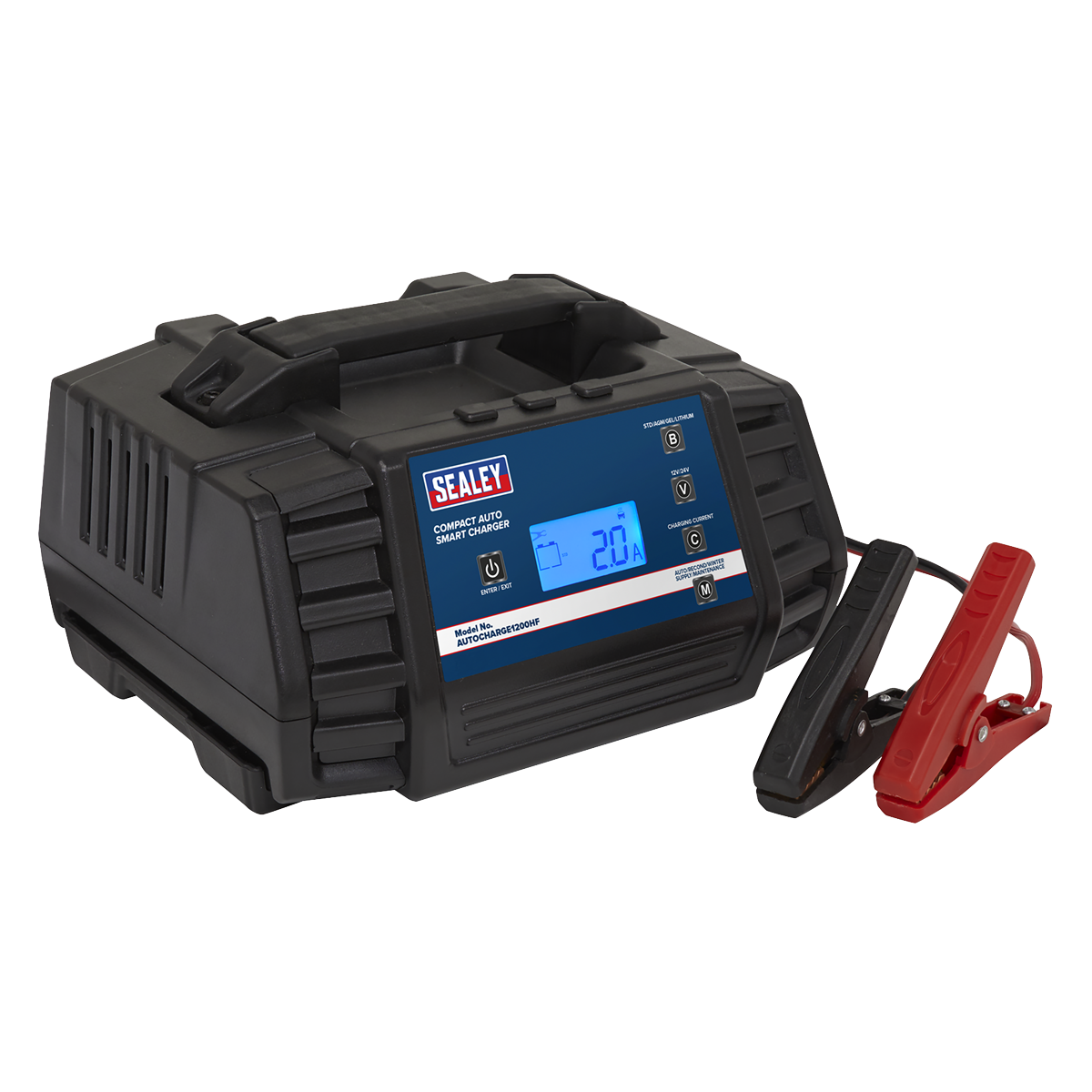 A Sealey Compact Auto Smart Charger & Maintainer 12A 12/24V (AUTOCHARGE1200HF) in black, featuring a digital display, reverse polarity protection, and attached red and black alligator clips.