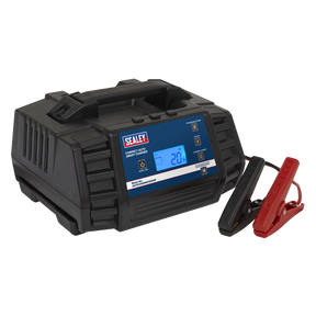 A Sealey Compact Auto Smart Charger & Maintainer 12A 12/24V (AUTOCHARGE1200HF) in black, featuring a digital display, reverse polarity protection, and attached red and black alligator clips.