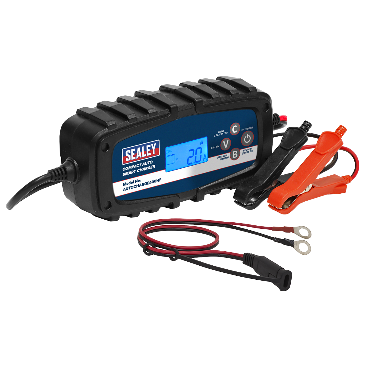 The Sealey Compact Auto Smart Charger & Maintainer 4A 6/12V - AUTOCHARGE400HF is a dual voltage charger with an LCD display. It provides a 2.0A current, features reverse polarity protection, includes attached black and red alligator clips, and comes with an additional wire fitted with ring terminals.