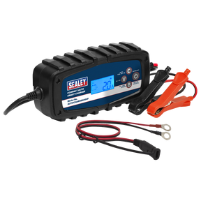 The Sealey Compact Auto Smart Charger & Maintainer 4A 6/12V - AUTOCHARGE400HF is a dual voltage charger with an LCD display. It provides a 2.0A current, features reverse polarity protection, includes attached black and red alligator clips, and comes with an additional wire fitted with ring terminals.