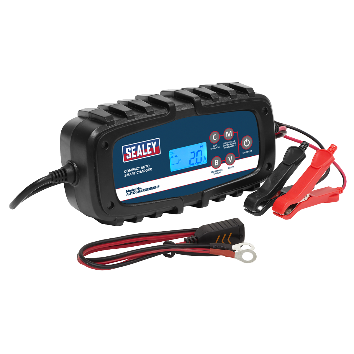 A Sealey Compact Auto Smart Charger & Maintainer 6.5A 6/12V (AUTOCHARGE650HF) with two color-coded clamps and a digital display, designed for charging and maintaining automotive batteries.