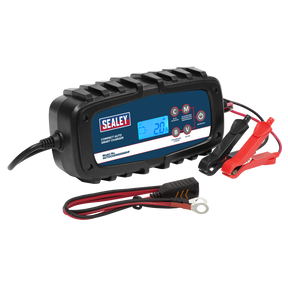 A Sealey Compact Auto Smart Charger & Maintainer 6.5A 6/12V (AUTOCHARGE650HF) with two color-coded clamps and a digital display, designed for charging and maintaining automotive batteries.