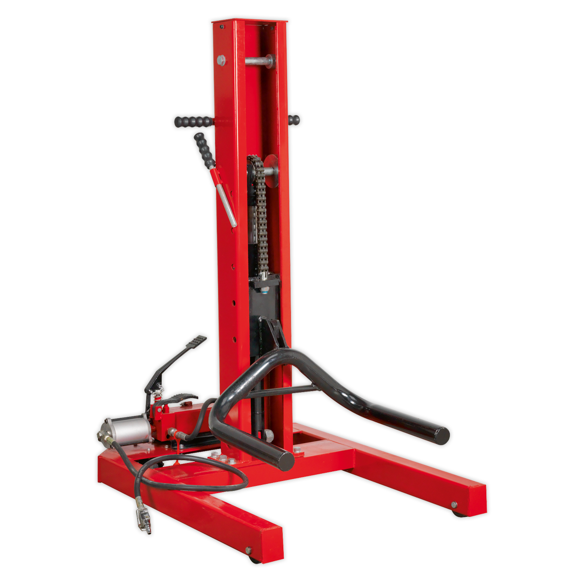 The Sealey Vehicle Lift 1.5 Tonne Air/Hydraulic with Foot Pedal - AVR1500FP is a red hydraulic transmission jack equipped with a vertical support column and adjustable arms. It is constructed from heavy-duty steel and features an air/hydraulic motor, making it perfect for vehicle lifting.