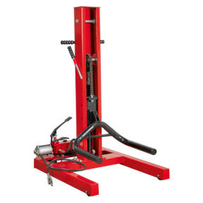 The Sealey Vehicle Lift 1.5 Tonne Air/Hydraulic with Foot Pedal - AVR1500FP is a red hydraulic transmission jack equipped with a vertical support column and adjustable arms. It is constructed from heavy-duty steel and features an air/hydraulic motor, making it perfect for vehicle lifting.