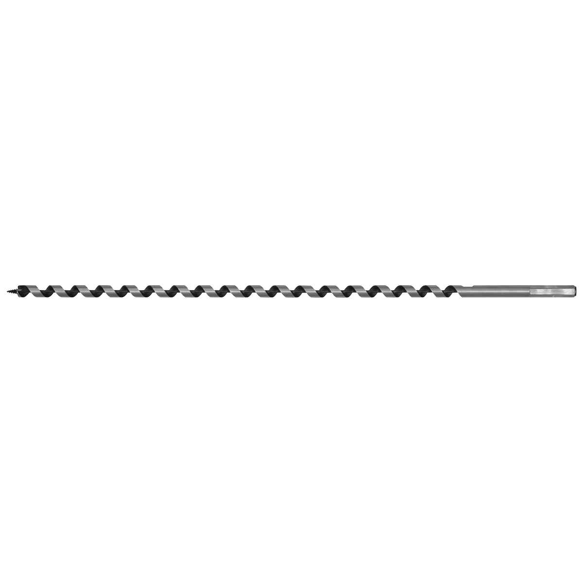 The Sealey Auger Wood Drill Ø13 x 460mm - AW13x460 is an elongated, spiral wood drill bit featuring a threaded screw point tip and a hexagonal shank.