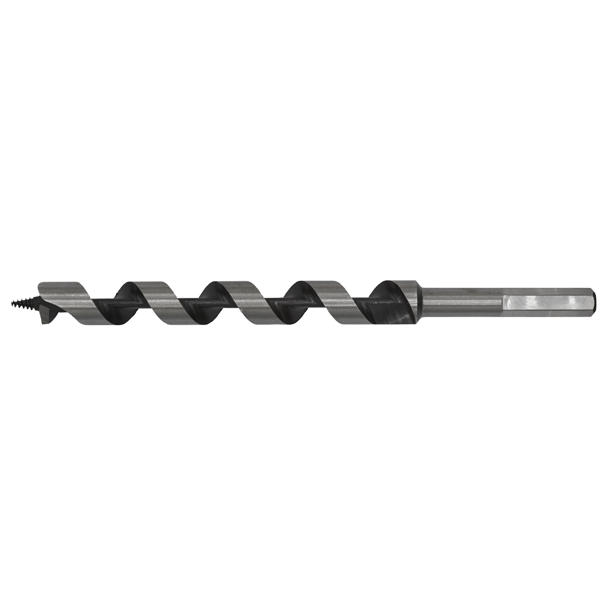 The Sealey Auger Wood Drill Ø18 x 235mm - AW18x235, a metal auger wood drill bit with a spiral design and a screw point tip, designed for boring into wood, displayed against a white background.