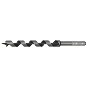 The Sealey Auger Wood Drill Ø18 x 235mm - AW18x235, a metal auger wood drill bit with a spiral design and a screw point tip, designed for boring into wood, displayed against a white background.