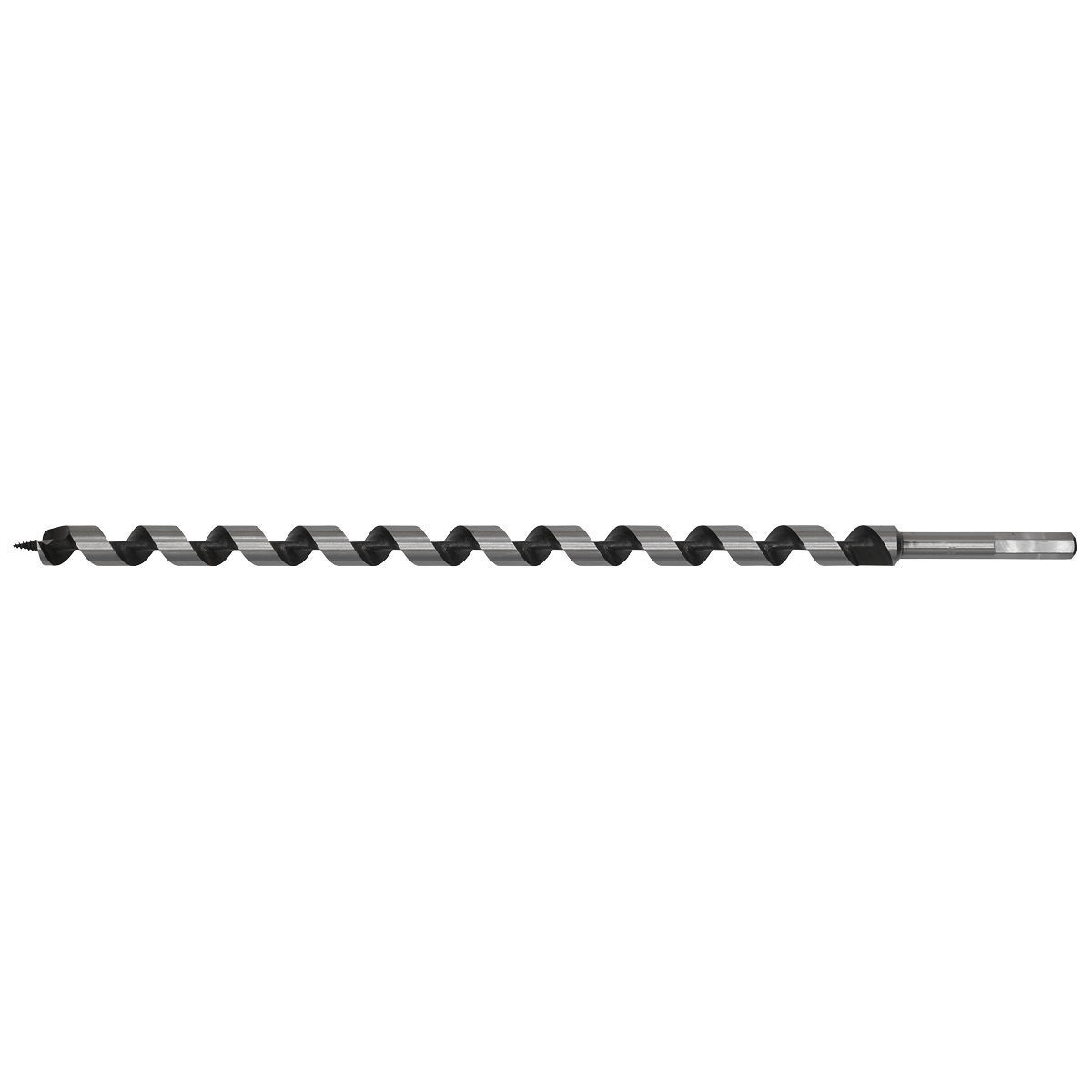 The Sealey Auger Wood Drill Ø18 x 460mm - AW18x460 features a twisted design, a screw point tip, and a hexagonal shank.