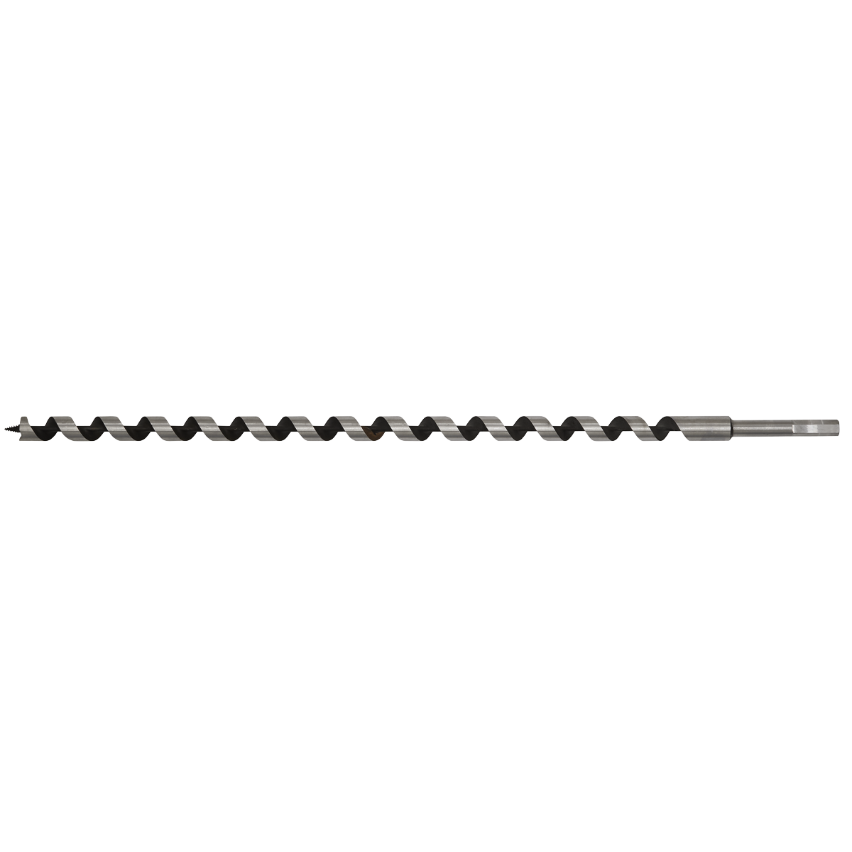 Introducing the Sealey Auger Wood Drill Ø18 x 600mm - AW18x600, a precision wood drilling tool featuring a long spiral design, hexagonal shank, and screw point tip.