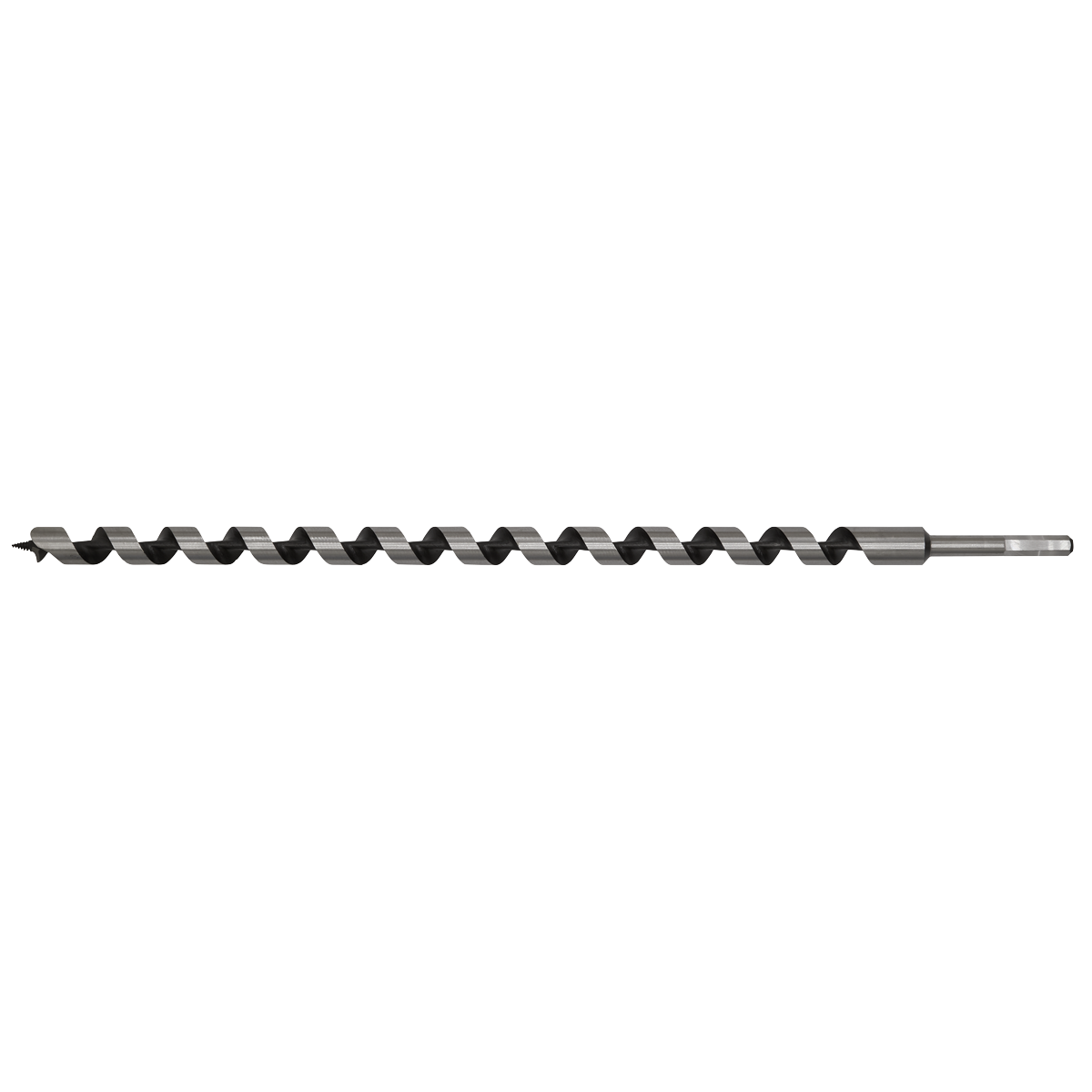 The Sealey Auger Wood Drill Ø22 x 600mm - AW22x600, featuring a hexagonal shank, spiral design, and screw point tip for precise wood drilling, is displayed in a horizontal orientation.