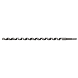 The Sealey Auger Wood Drill Ø22 x 600mm - AW22x600, featuring a hexagonal shank, spiral design, and screw point tip for precise wood drilling, is displayed in a horizontal orientation.