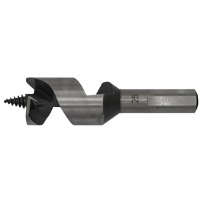 A close-up view of the Sealey Auger Wood Drill Ø25 x 100mm (AW25x100), featuring a spiral design and sharp screw point, used for drilling precise holes in materials.