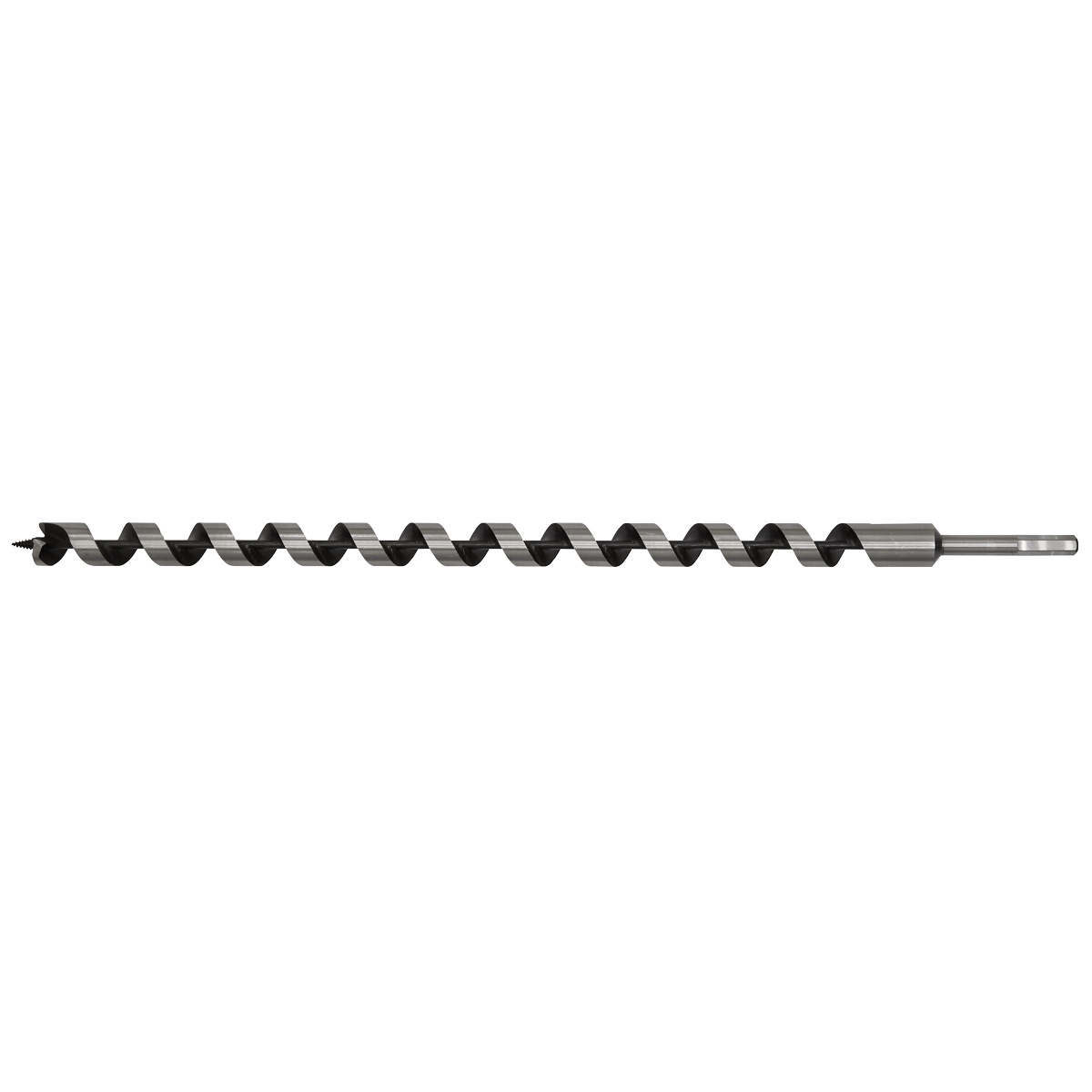 The Sealey Auger Wood Drill Ø25 x 600mm - AW25x600 is a long, metallic drill bit featuring a spiraled cutting edge, a pointed screw point, and a hexagonal shank for enhanced stability, designed specifically for drilling precise holes in wood.