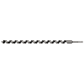 The Sealey Auger Wood Drill Ø25 x 600mm - AW25x600 is a long, metallic drill bit featuring a spiraled cutting edge, a pointed screw point, and a hexagonal shank for enhanced stability, designed specifically for drilling precise holes in wood.