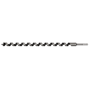 The Sealey Auger Wood Drill Ø25 x 600mm - AW25x600 is a long, metallic drill bit featuring a spiraled cutting edge, a pointed screw point, and a hexagonal shank for enhanced stability, designed specifically for drilling precise holes in wood.