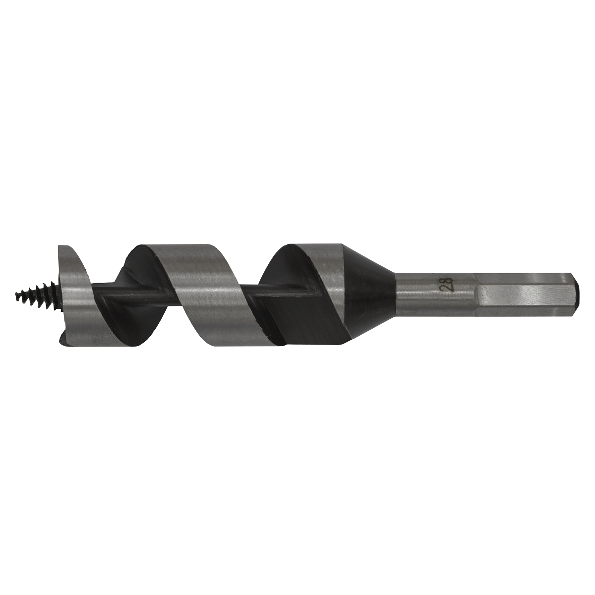 The Sealey Auger Wood Drill Ø28 x 155mm - AW28x155 features a helical screw blade and a hexagonal shank.