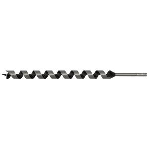 Close-up image of an Auger Wood Drill Ø28 x 460mm - AW28x460 by Sealey, featuring a long spiraled shaft, hexagonal shank, and screw point for boring precise holes in wood.