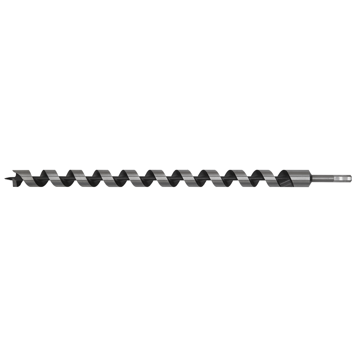 The Sealey Auger Wood Drill Ø28 x 600mm - AW28x600 features a long, spiral design with a hexagonal shank on one end and a pointed tip on the other. It is fully hardened for durability and precision when drilling into wood.