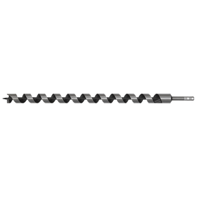 The Sealey Auger Wood Drill Ø28 x 600mm - AW28x600 features a long, spiral design with a hexagonal shank on one end and a pointed tip on the other. It is fully hardened for durability and precision when drilling into wood.