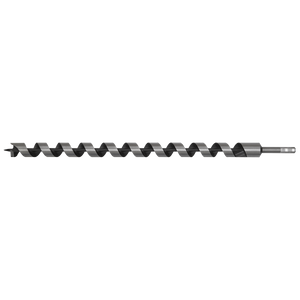 The Sealey Auger Wood Drill Ø28 x 600mm - AW28x600 features a long, spiral design with a hexagonal shank on one end and a pointed tip on the other. It is fully hardened for durability and precision when drilling into wood.