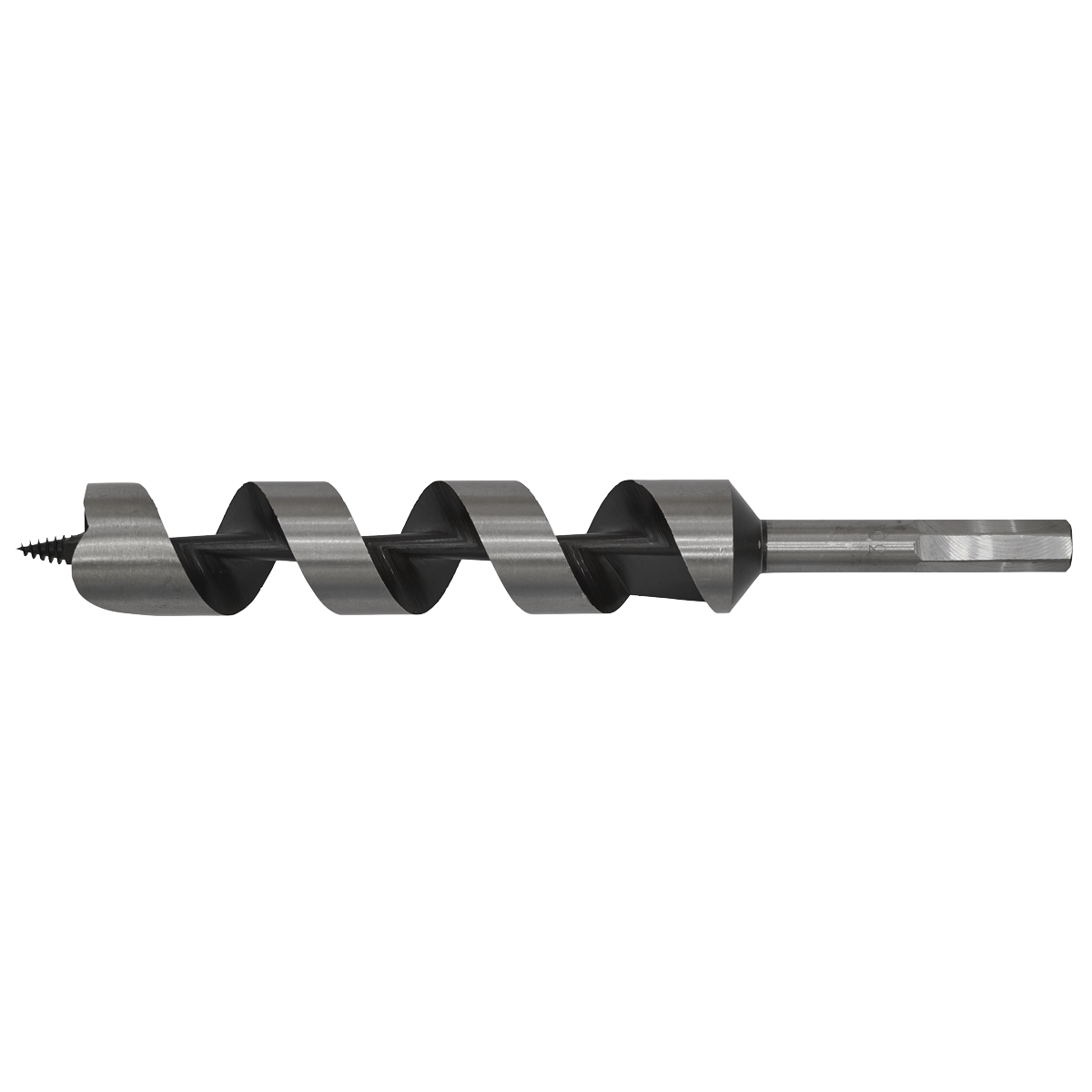 A detailed view of the Sealey Auger Wood Drill Ø30 x 235mm - AW30x235, showcasing its spiral design, hexagonal shank, and sharp screw point, ideal for drilling precise holes in wood.