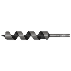 A detailed view of the Sealey Auger Wood Drill Ø30 x 235mm - AW30x235, showcasing its spiral design, hexagonal shank, and sharp screw point, ideal for drilling precise holes in wood.