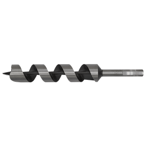 A detailed view of the Sealey Auger Wood Drill Ø30 x 235mm - AW30x235, showcasing its spiral design, hexagonal shank, and sharp screw point, ideal for drilling precise holes in wood.