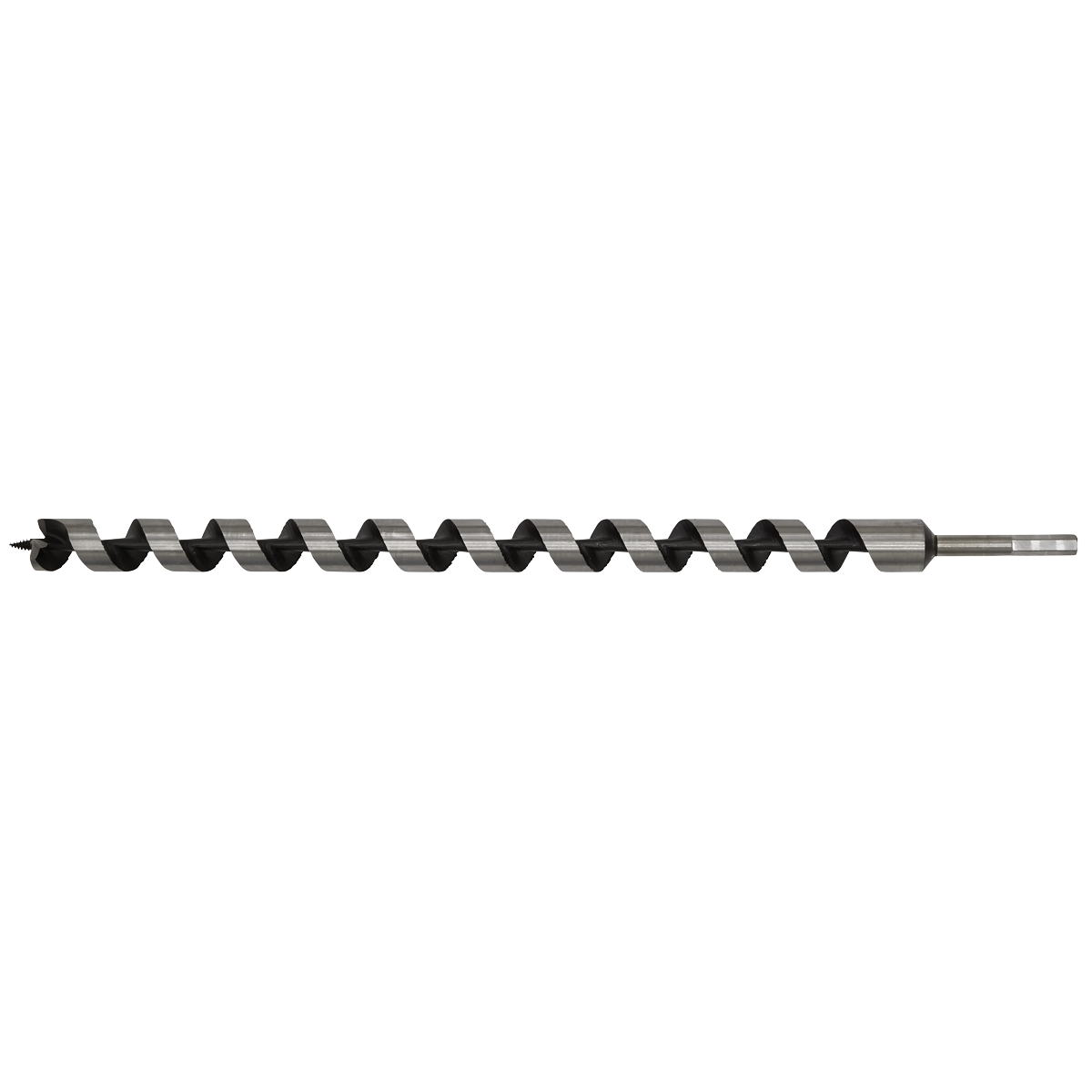 The Sealey Auger Wood Drill Ø30 x 600mm - AW30x600 features a fully hardened metal construction, spiral flute design, and hexagonal shank.