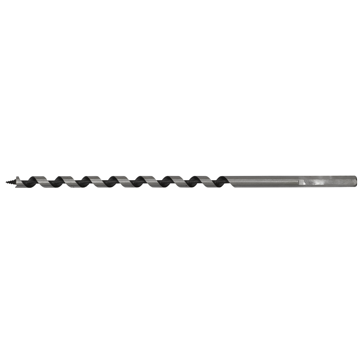 Close-up of the Sealey Auger Wood Drill Ø8 x 235mm - AW8x235, showcasing its long metal structure designed with a spiral pattern for cutting into materials. The tip is equipped with a screw point, and the shaft has a hexagonal shape.