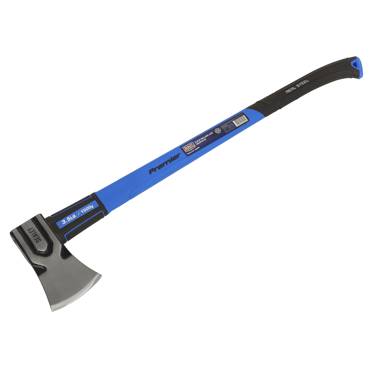 Image of a Sealey Felling Axe with Fibreglass Shaft (model AXG99), featuring a durable blue and black handle. The 3.5-pound carbon steel axe head is silver and labeled with the weight.