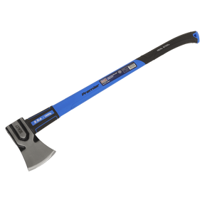 Image of a Sealey Felling Axe with Fibreglass Shaft (model AXG99), featuring a durable blue and black handle. The 3.5-pound carbon steel axe head is silver and labeled with the weight.