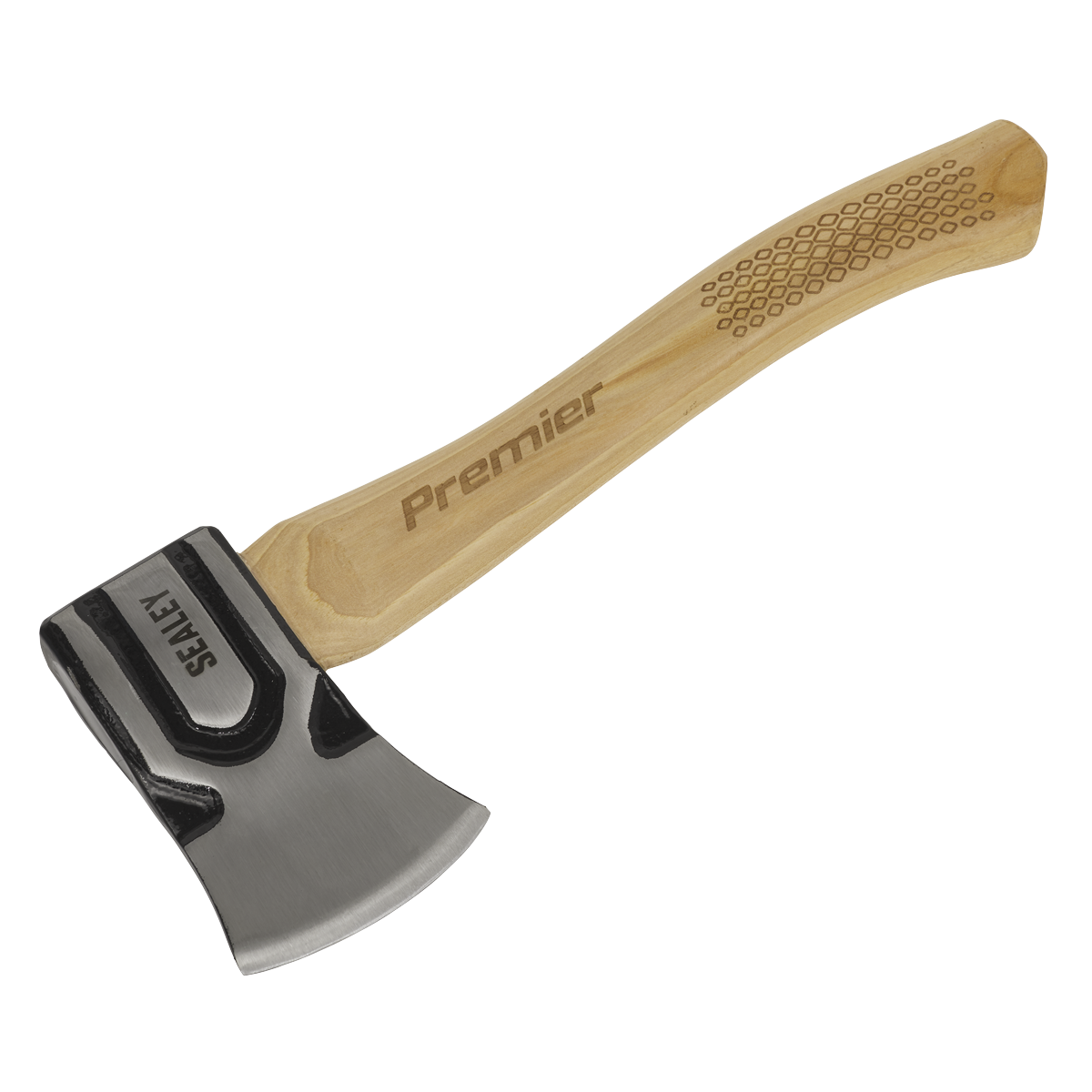 A Sealey Hand Axe 1.5lb with a hickory shaft marked "AXH98" and a drop-forged carbon steel blade engraved with "Select.