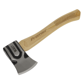 A Sealey Hand Axe 1.5lb with a hickory shaft marked "AXH98" and a drop-forged carbon steel blade engraved with "Select.