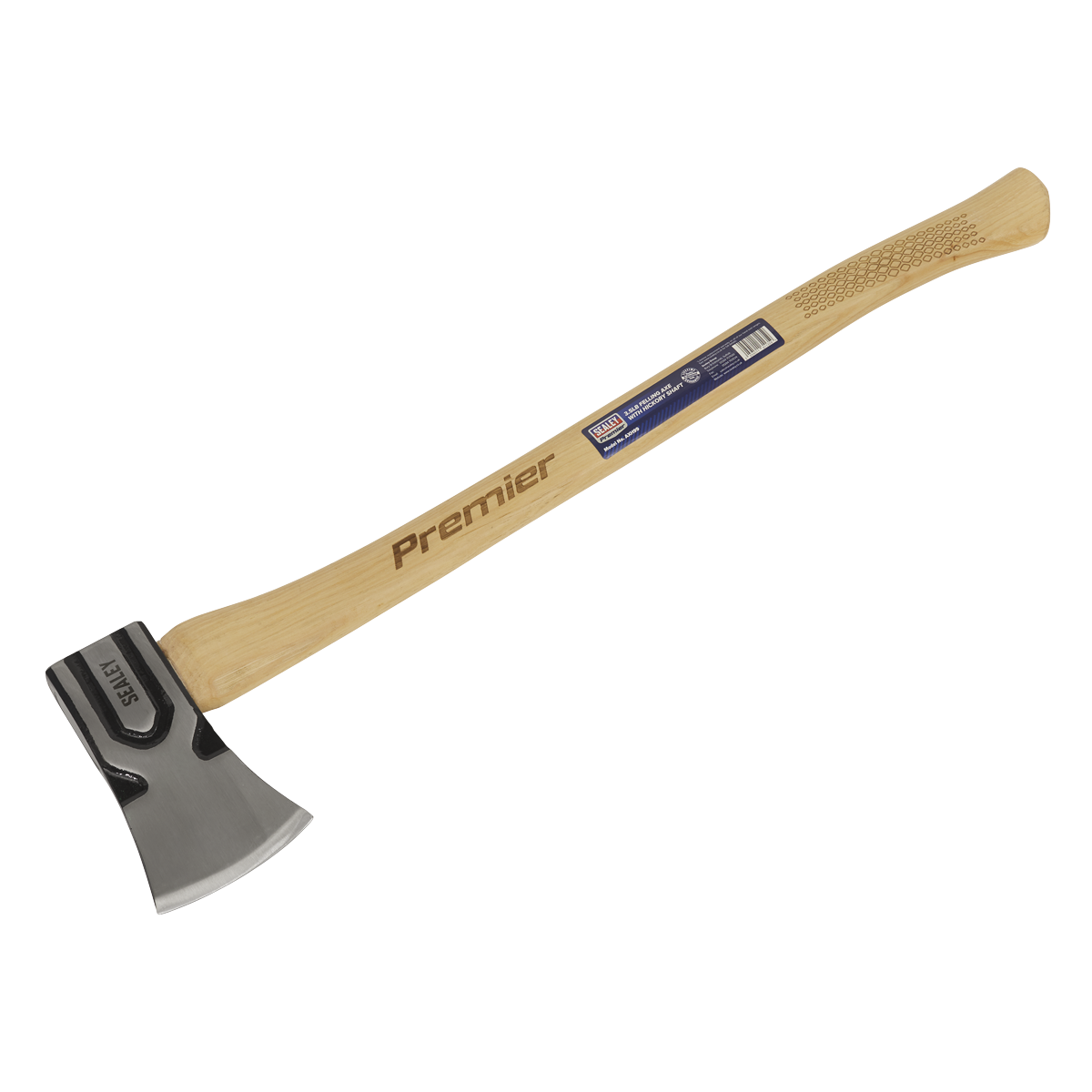 Image of a "Sealey" brand Felling Axe 3.5lb with a hickory shaft, model AXH99, featuring a robust carbon steel blade.