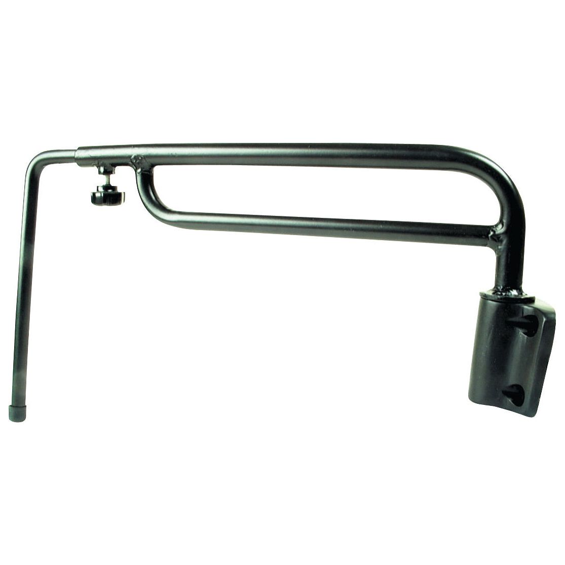 The Sparex Adjustable Mirror Arm (400 - 620mm) RH & LH, Sparex Part No. S.27628, is a black, metal wall-mount bracket with a U-shaped design and an adjustable knob for securing items, featuring an adjustable arm for versatile use.