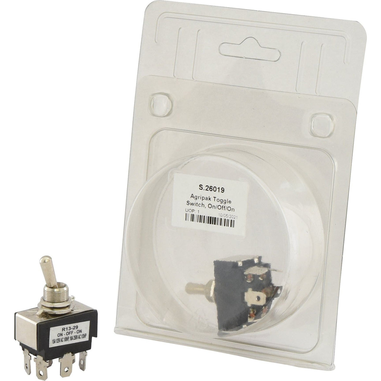 An Agripak Toggle Switch, On/Off/On (Sparex Part No. S.26019) with Sparex connectors sits next to an unpackaged identical switch.