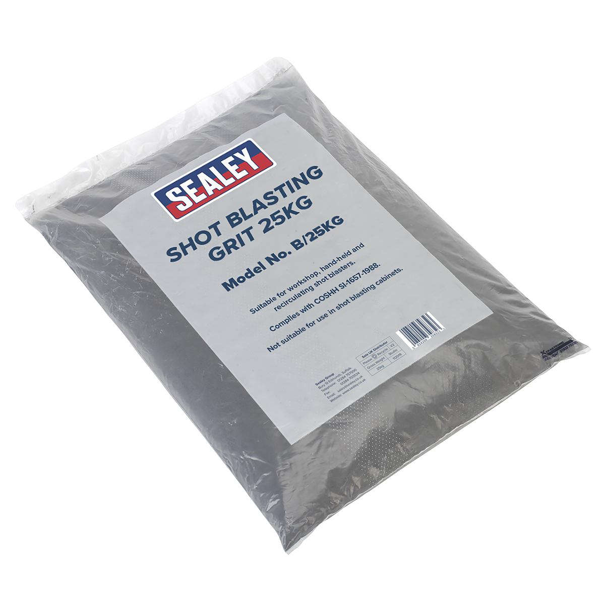 A sealed 25kg bag of Sealey Shot Blasting Grit, model B/25KG, perfect for handheld shot blasters. The packaging details its suitability for various metals and compliance with safety standards for spray use in your workshop.