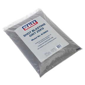 A sealed 25kg bag of Sealey Shot Blasting Grit, model B/25KG, perfect for handheld shot blasters. The packaging details its suitability for various metals and compliance with safety standards for spray use in your workshop.