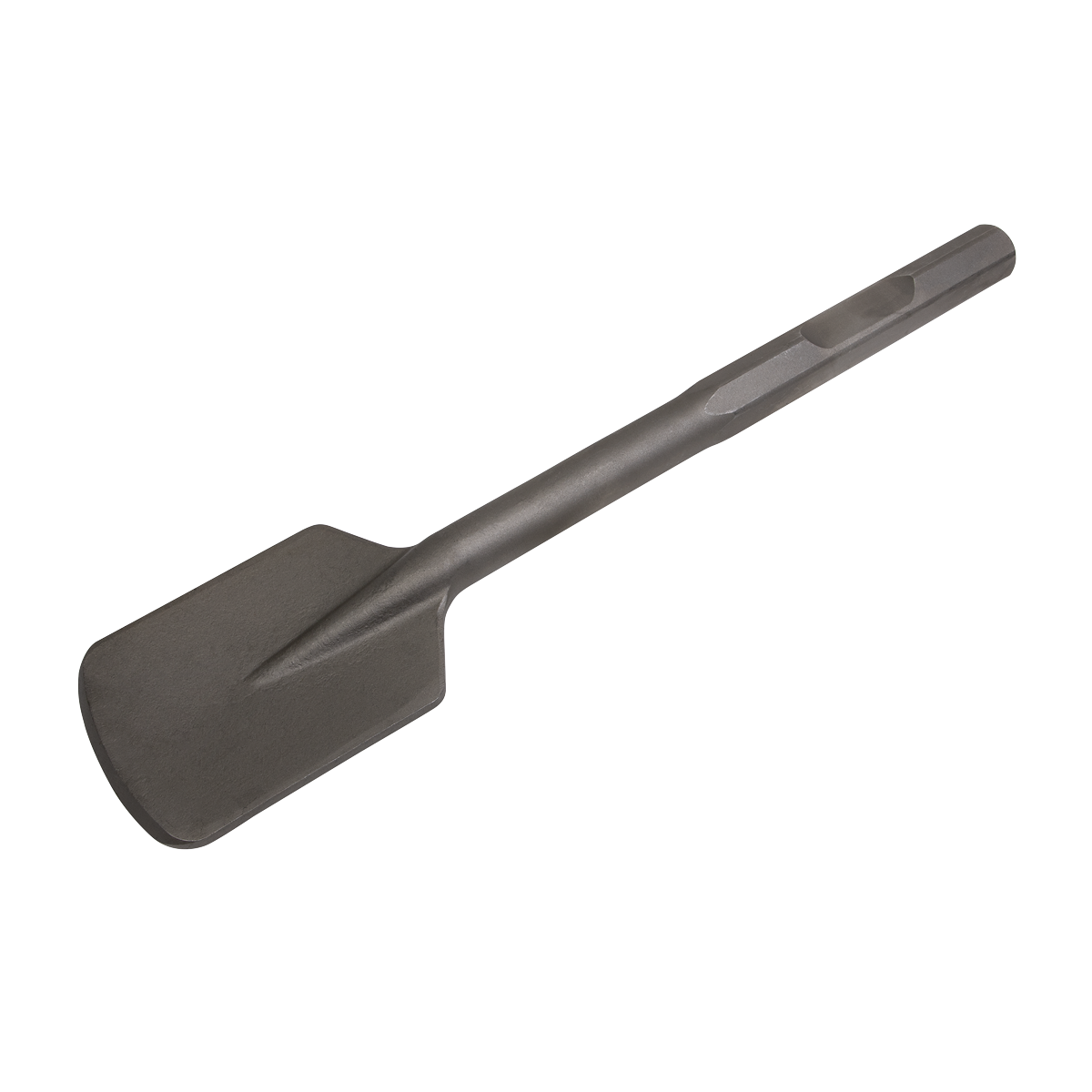 A Clay Spade with a 110 x 500mm blade featuring a pointed, flat tip, a short square handle extension, and Sealey craftsmanship.