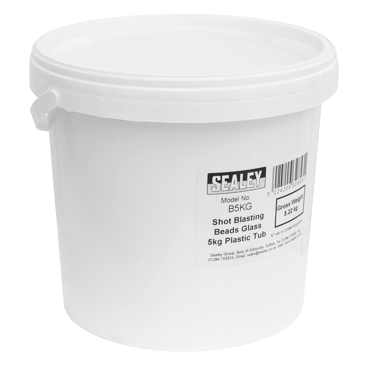 A Sealey plastic tub containing 5kg of shot blasting glass beads, sized 180-300 microns, labeled as "Shot Blasting Beads Glass 5kg Plastic Tub - B5KG.